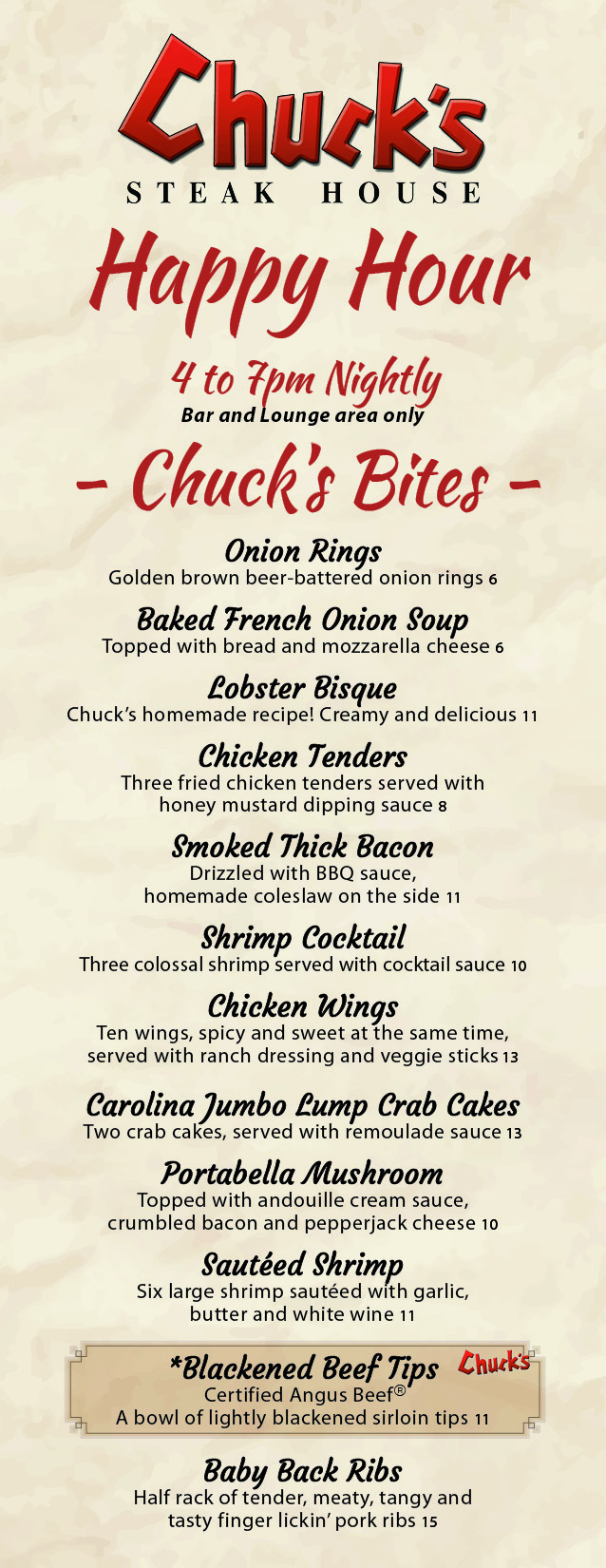 Menu - Chuck's Steak House